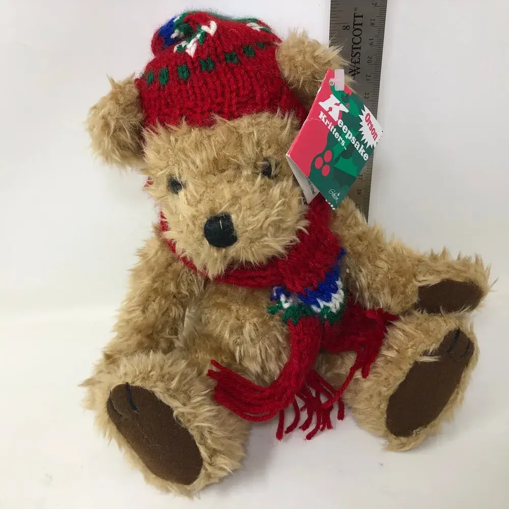 Gibson Keepsake Kritters Tan Teddy Bear Plush VTG 1996 Red Scarf Hat 8
